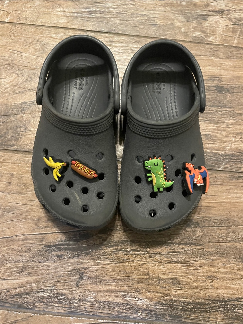 CROCS Kids Charcoal Grey Clogs with Colorful Dino & Food Charms